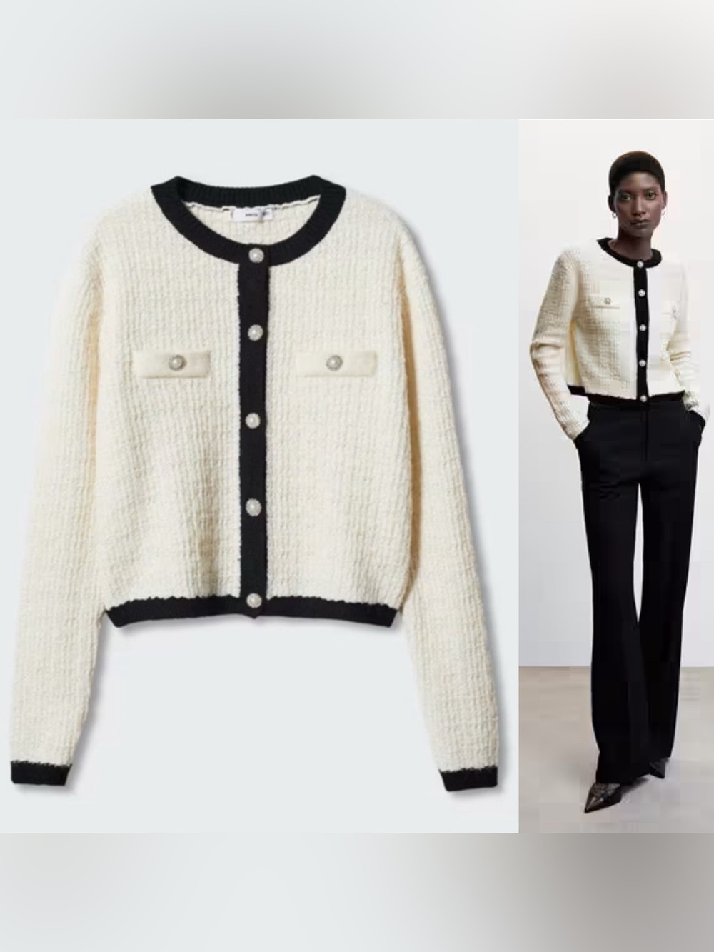 Mango- Pocket Tweed Cardigan Size XL Off White Cotton Blend Office